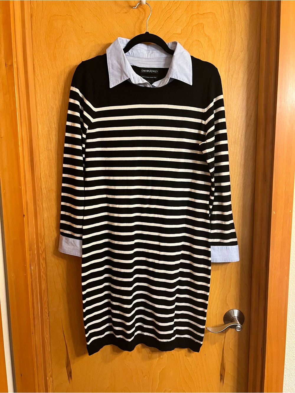 🖤 Cynthia Rowley Black and White Merino Wool Striped Shirt-Collar Mini Dress